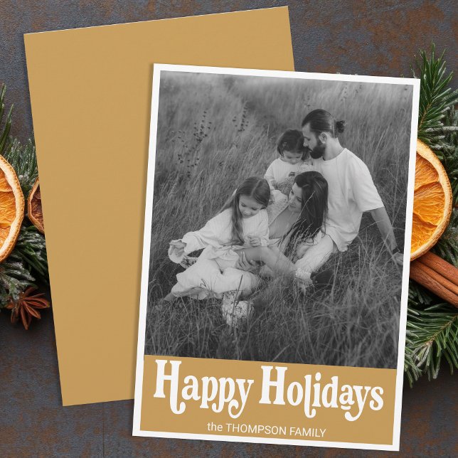 Trendy Retro Typography Gold Photo Happy Holiday Card (Creator Uploaded)