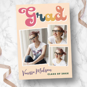 Trendy Retro Vintage Boho Typography 3 Photo Grad Announcement
