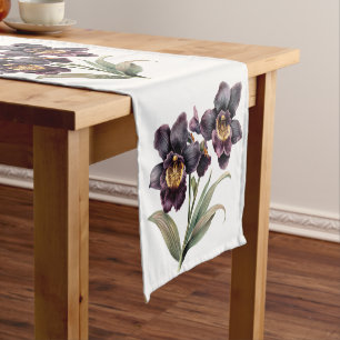 Trendy Retro watercolor black orchids Short Table Runner