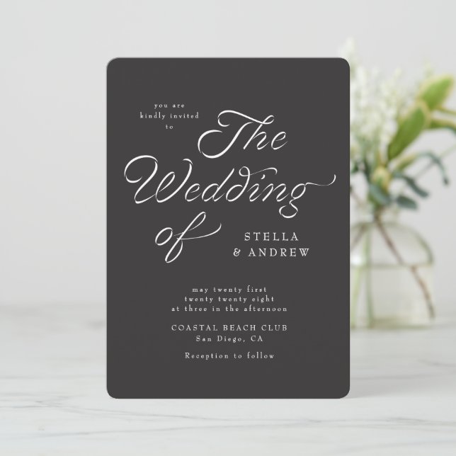 Trendy Ribbon Elegant Script Wedding Invitation (Standing Front)