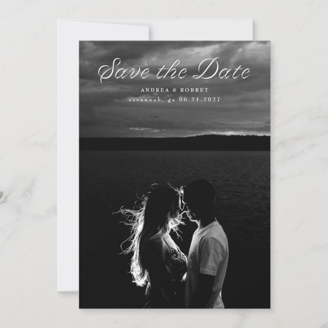 Trendy Ribbon Script Save the Date Card (Front)