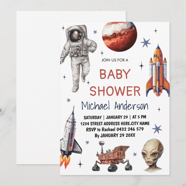 Trendy  Rocket Ship Space Galaxy Alien Baby Shower Invitation (Front/Back)