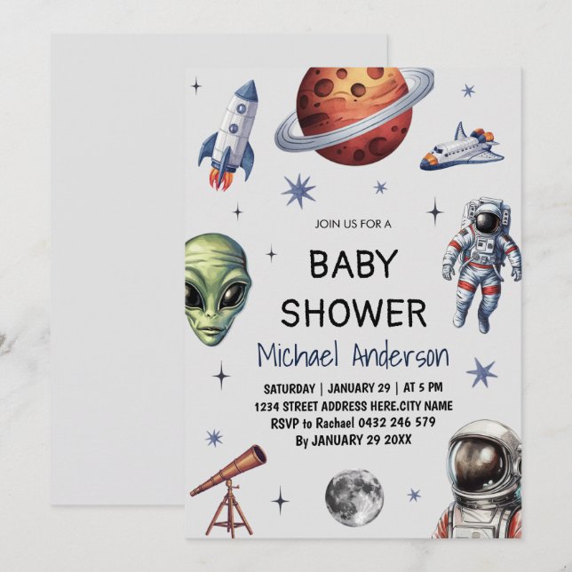 Trendy  Rocket Ship Space Galaxy Alien Baby Shower Invitation (Front/Back)