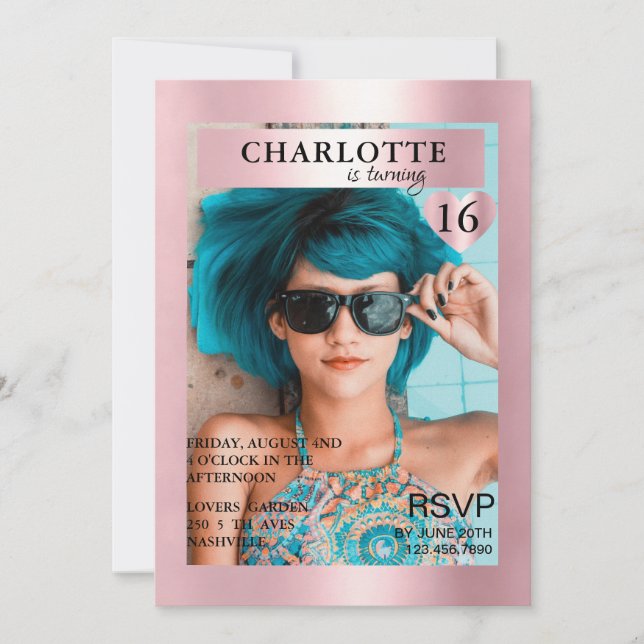 Trendy Rosa Magazine Cover photo Inspired Invitation (Front)