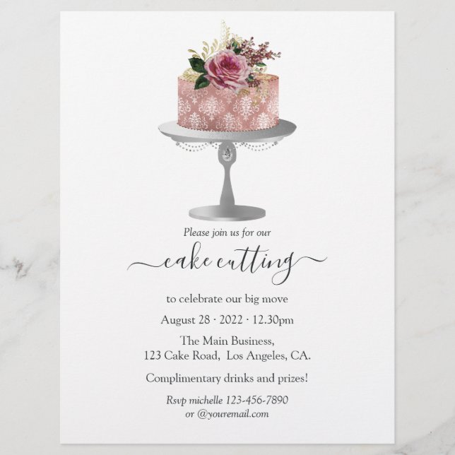 Trendy Rose Gold and Silver Floral Cake Cutting Flyer (Front)