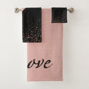 Trendy Rose Gold Black Glitter Love Bath Towel Set