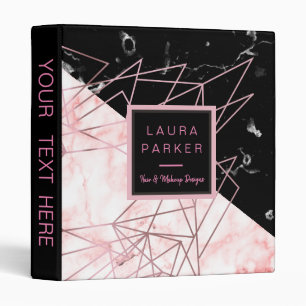 Trendy Rose Gold  Black Marble Geometric Binder