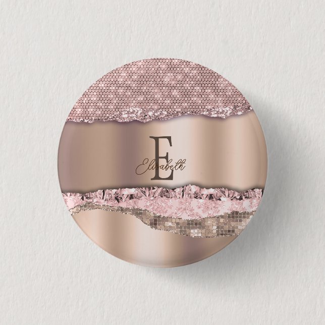 Trendy Rose Gold Diamonds Glitter Monogram 1 Inch Round Button (Front)