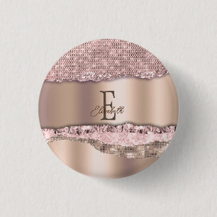 Trendy Rose Gold Diamonds Glitter Monogram 1 Inch Round Button