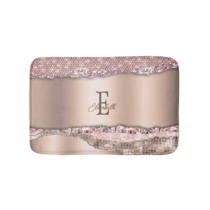 Trendy Rose Gold Diamonds Glitter Monogram Bath Mat