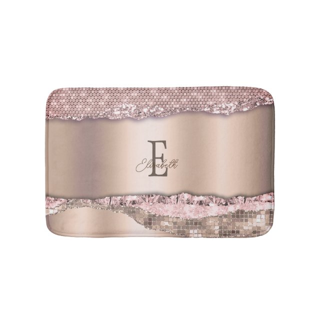 Trendy Rose Gold Diamonds Glitter Monogram Bath Mat (Front)