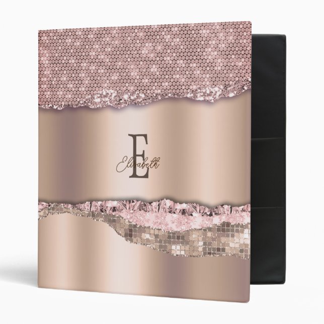 Trendy Rose Gold Diamonds Glitter Monogram Binder (Front/Inside)