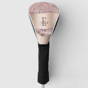 Trendy Rose Gold Diamonds Glitter Monogram Golf Head Cover