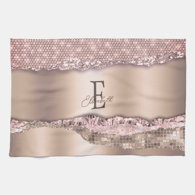 Trendy Rose Gold Diamonds Glitter Monogram Kitchen Towel (Horizontal)