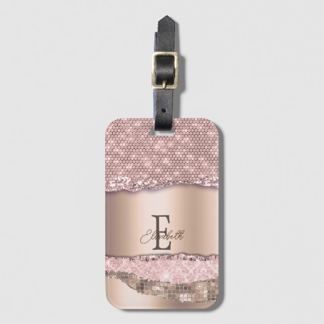 Trendy Rose Gold Diamonds Glitter Monogram Luggage Tag (Front Vertical)
