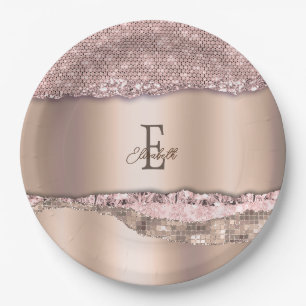Trendy Rose Gold Diamonds Glitter Monogram Paper Plate
