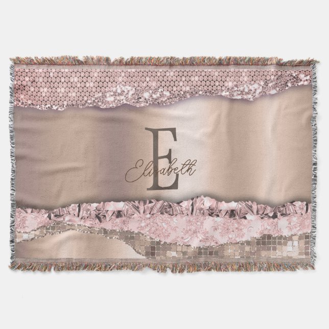 Trendy Rose Gold Diamonds Glitter Monogram Throw Blanket (Front)