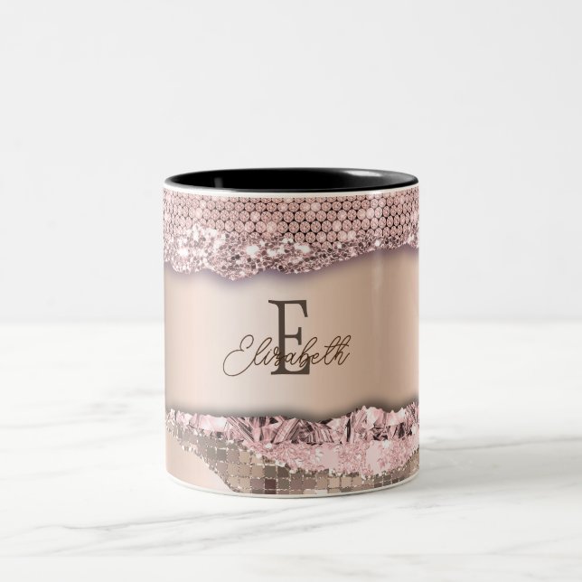 Trendy Rose Gold Diamonds Glitter Monogram Two-Tone Coffee Mug (Center)