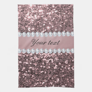 Trendy Rose Gold Faux Glitter and Diamonds Kitchen Towel