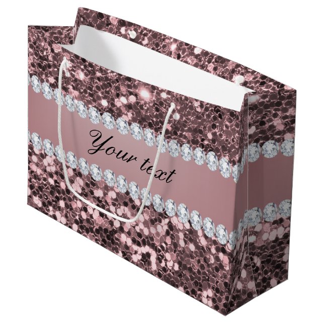 Trendy Rose Gold Faux Glitter and Diamonds Large Gift Bag (Front Angled)