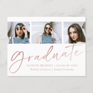 Trendy Rose Gold Foil Script 3 Photo Graduation Announcement Postcard