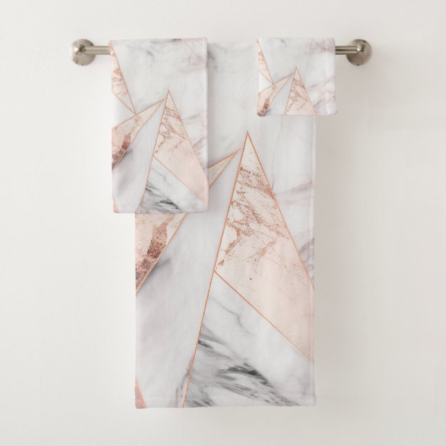 Trendy Rose Gold Geometric Marble Bath Towel Set (Insitu)