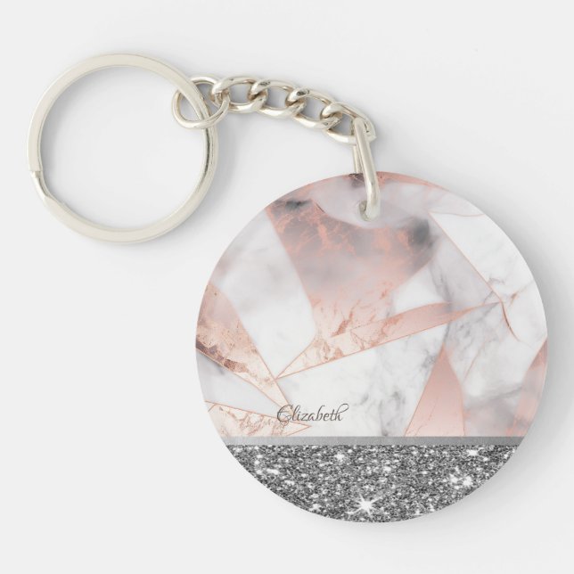 Trendy Rose Gold Geometric Marble Keychain (Front)