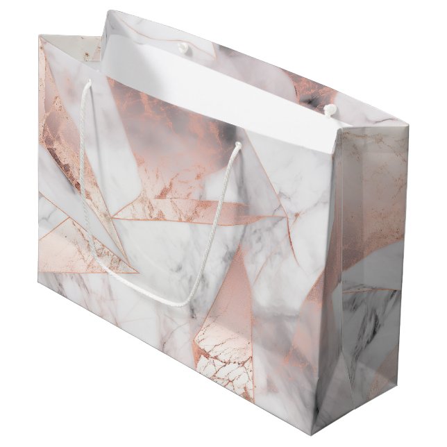 Trendy Rose Gold Geometric Marble  Large Gift Bag (Front Angled)