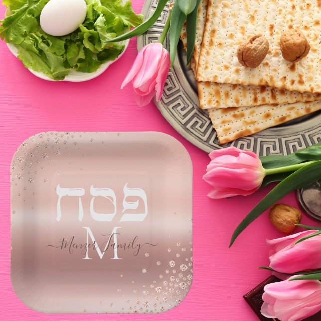 Trendy Rose Gold Glitter Custom Monogram Passover Paper Plate (Creator Uploaded)