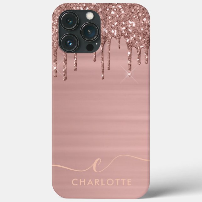 Trendy Rose Gold Glitter Drip Custom Name  Case-Mate iPhone Case (Back)