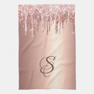 Trendy Rose Gold Glitter Drips Graphic Monogram Kitchen Towel