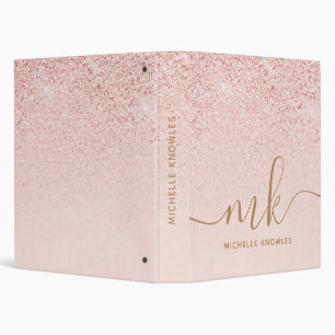Trendy Rose Gold Glitter Fancy Initials and Name Binder