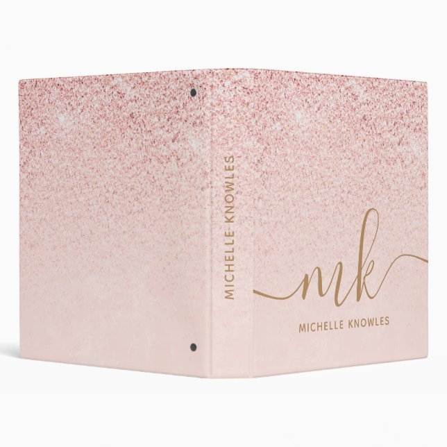 Trendy Rose Gold Glitter Fancy Initials and Name Binder (Background)