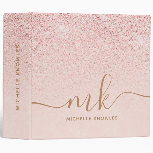 Trendy Rose Gold Glitter Fancy Initials and Name Binder (Front/Spine)