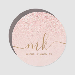 Trendy Rose Gold Glitter Fancy Initials and Name Car Magnet