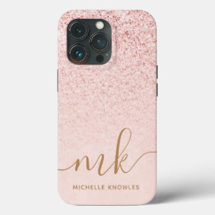 Trendy Rose Gold Glitter Fancy Initials and Name iPhone 13 Pro Case