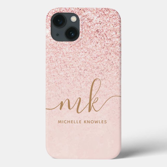 Trendy Rose Gold Glitter Fancy Initials and Name Case-Mate iPhone Case (Back)