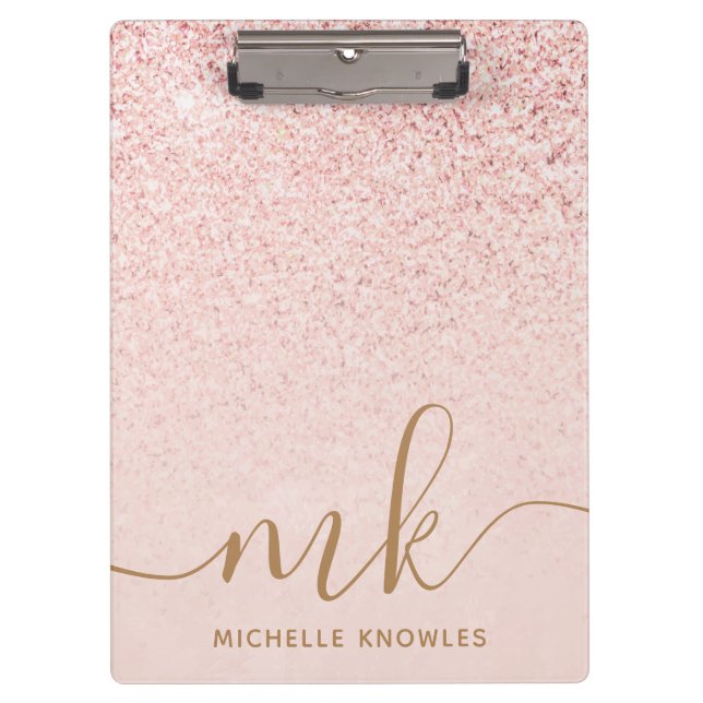 Trendy Rose Gold Glitter Fancy Initials and Name Clipboard (Front)