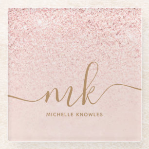 Trendy Rose Gold Glitter Fancy Initials and Name Glass Coaster