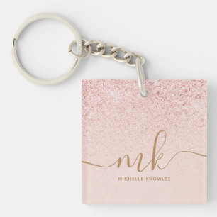 Trendy Rose Gold Glitter Fancy Initials and Name Keychain
