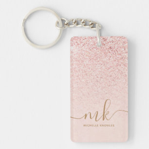 Trendy Rose Gold Glitter Fancy Initials and Name Keychain