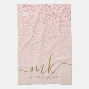Trendy Rose Gold Glitter Fancy Initials and Name Kitchen Towel