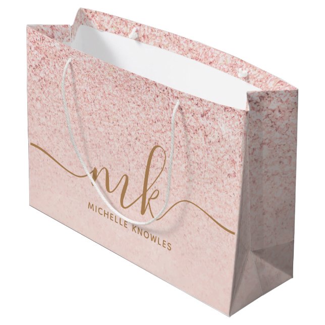 Trendy Rose Gold Glitter Fancy Initials and Name Large Gift Bag (Back Angled)