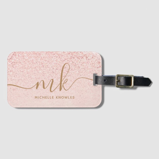 Trendy Rose Gold Glitter Fancy Initials and Name Luggage Tag (Front Horizontal)