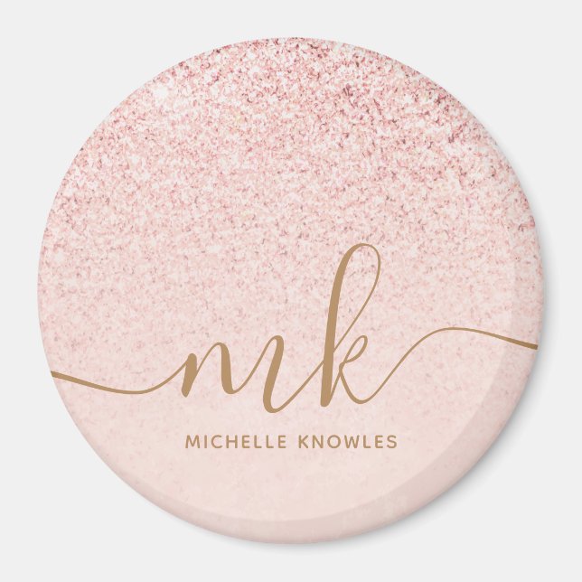 Trendy Rose Gold Glitter Fancy Initials and Name Magnet (Front)