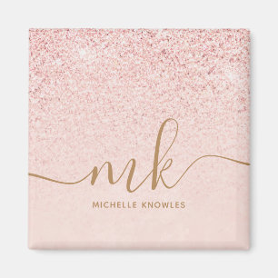 Trendy Rose Gold Glitter Fancy Initials and Name  Magnet