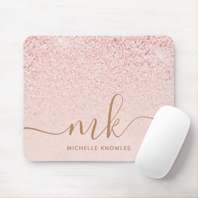 Trendy Rose Gold Glitter Fancy Initials and Name Mouse Pad (With Mouse)