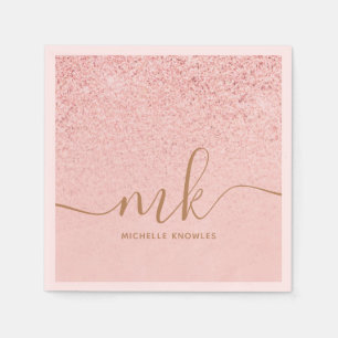 Trendy Rose Gold Glitter Fancy Initials and Name Napkin