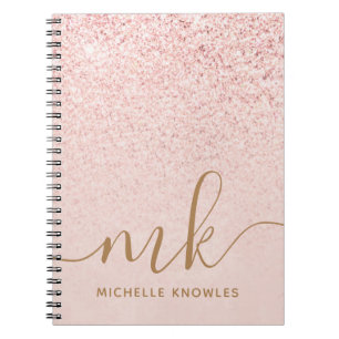 Trendy Rose Gold Glitter Fancy Initials and Name Notebook