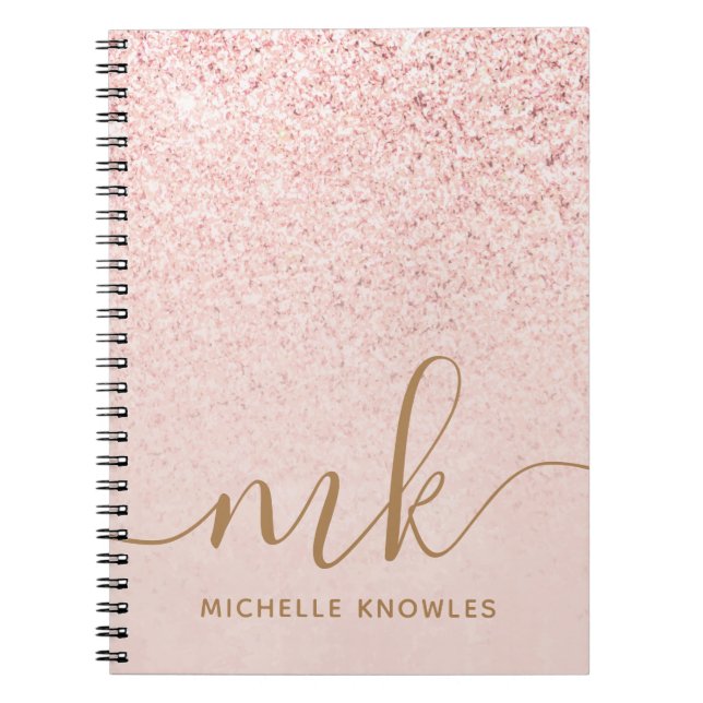 Trendy Rose Gold Glitter Fancy Initials and Name Notebook (Front)